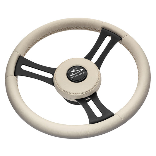 Schmitt Marine Torcello Elite 14" Wheel - Beige Leather & Cap - White Stitching - Black SS Spokes - 3/4" Tapered Shaft